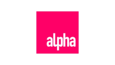 A pink square with the word alpha written in white.