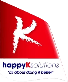 A red and white logo for happy k solutions.
