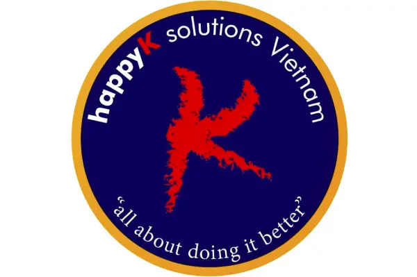 A red and black logo for happy k solutions vietnam.
