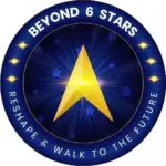 A star trek logo with the words " beyond 6 stars reshape & walk to the future ".