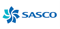A blue and white logo of sasco