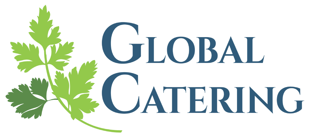 A green background with the words global catering written in blue.